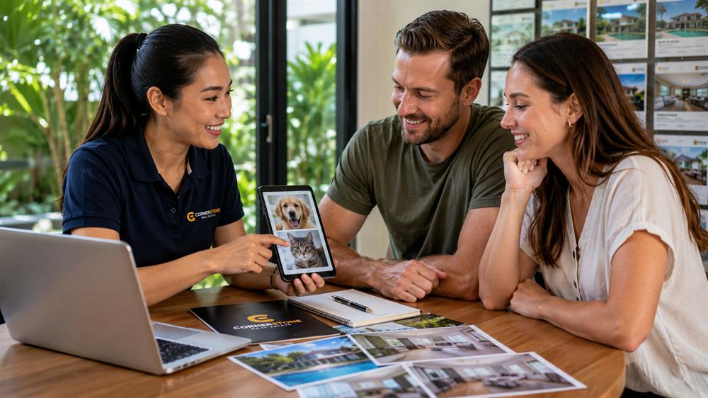 A real estate consultant helping tenants search for pet friendly rentals in Pattaya while discussing pet requirements, breed information, and suitable property options.